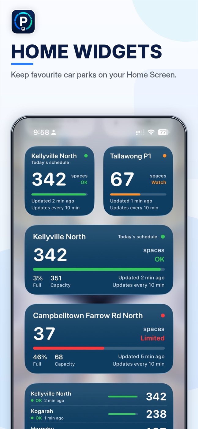 Supporter Home Screen parking widgets for ParkRide Planner