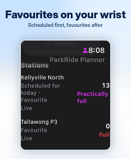 Favourite Park and Ride locations shown on Apple Watch